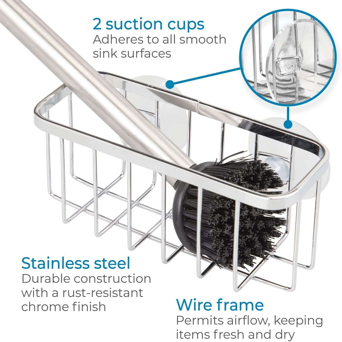 Gia Kitchen Sink Suction Holder for Sponges, Scrubbers, Soap - Stainless Steel