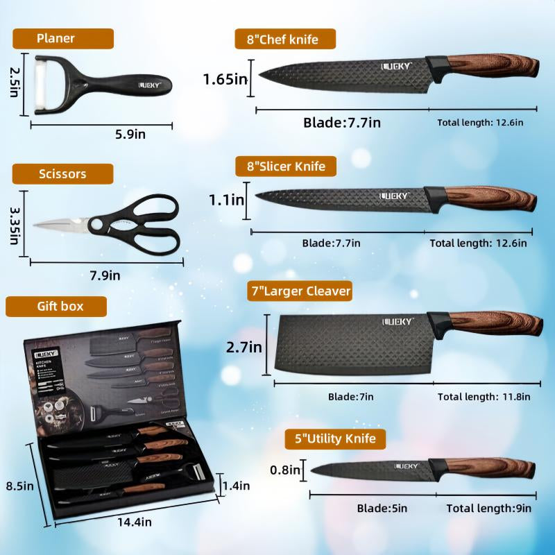 6 Piece Kitchen Knife Set -Chef Knife Set with Non.Stickstainless Steel and Ergonomic Wood Handlekitchen Knivesblock Knife Block Wooden Utensils Kitchenware