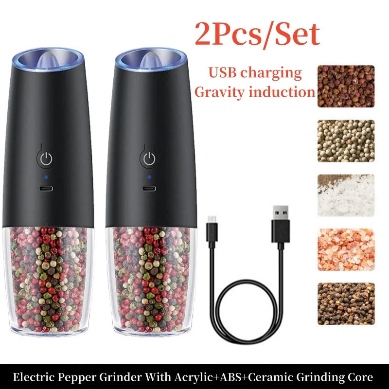 Gravity Induction Electric Salt and Pepper Grinder, USB Charging, Spice Shakers, Kitchen Tool, Pepper Mill Set, Seasoning Bottle