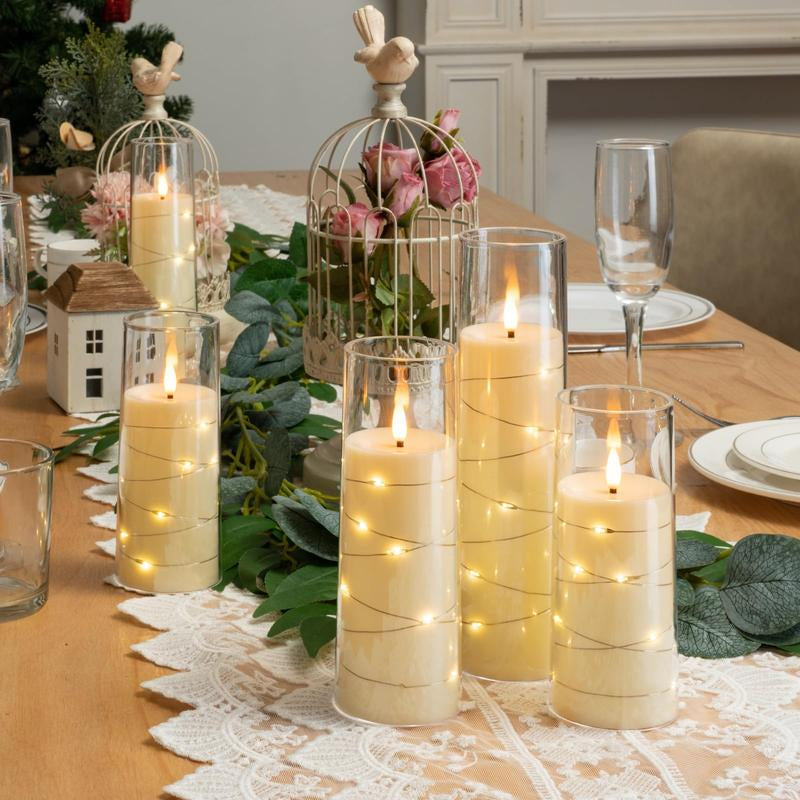Raycare Flameless LED Candles with Embedded Star String, 5 Pcs Battery Operated Acrylic Pillar Candles with Timer and Remote, Flickering Candles for Romantic Ambiance and Home Decoration Mood Decorative
