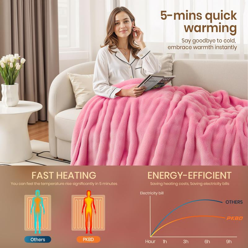 PKBD Heated Blanket, Faux Rabbit Fur Electric Throw with 9 Heat Levels & Auto-Off, Full Body Warming, Machine Washable Winter Gift