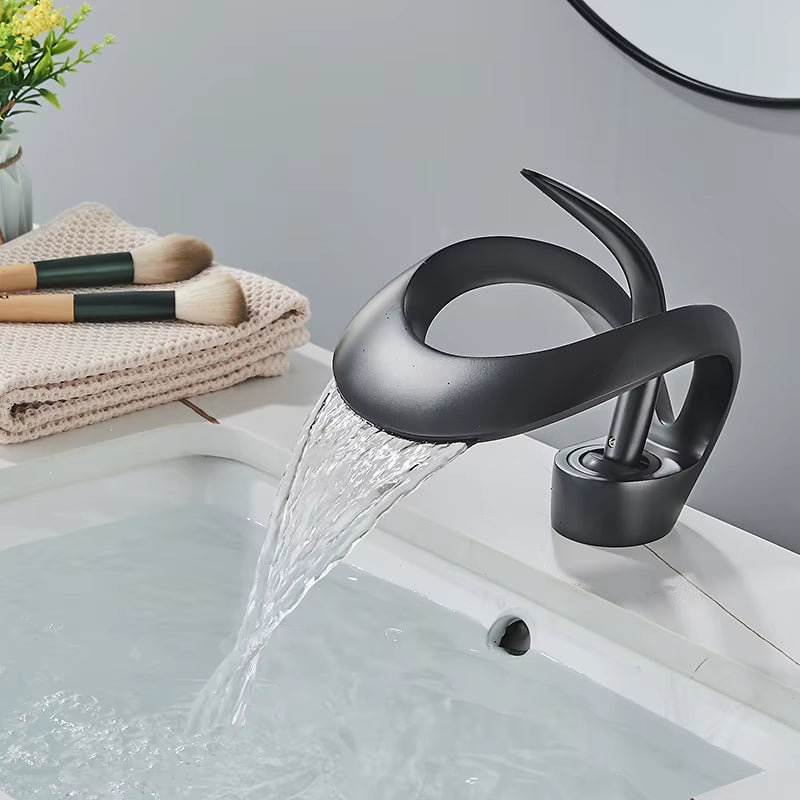 Black Bathroom Basin Taps Single Handle Waterfall Faucet Solid Brass Basin Mixer Taps Creative Hollowed Out Design Water Tap