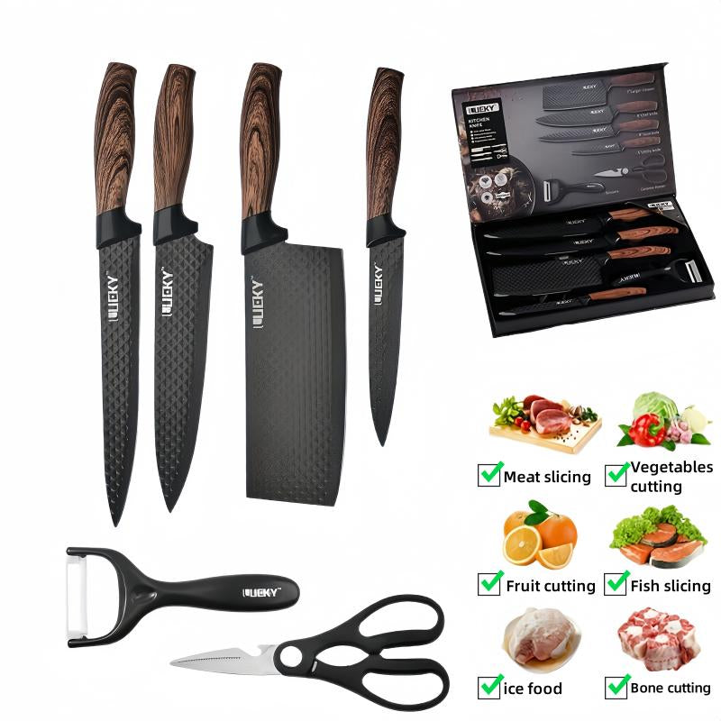 6 Piece Kitchen Knife Set -Chef Knife Set with Non.Stickstainless Steel and Ergonomic Wood Handlekitchen Knivesblock Knife Block Wooden Utensils Kitchenware