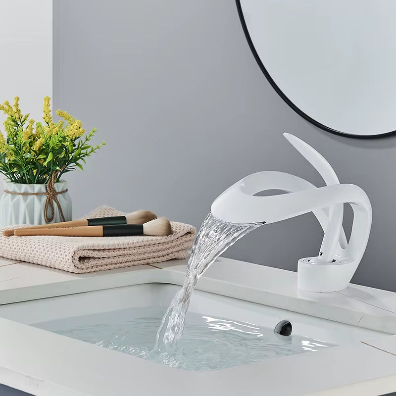 Black Bathroom Basin Taps Single Handle Waterfall Faucet Solid Brass Basin Mixer Taps Creative Hollowed Out Design Water Tap