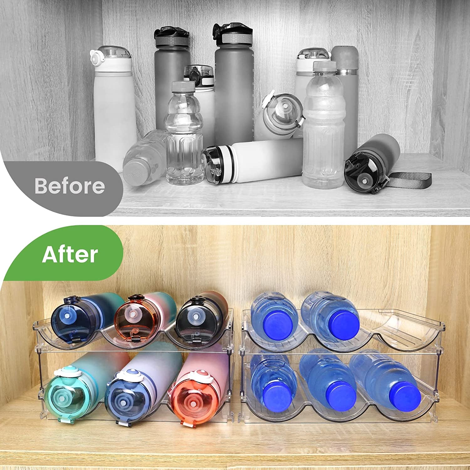 Water Bottle Organizer for Cabinet, 2 Packs Water Bottle Storage Rack, Water Bottle Holder for Cabinet, Stackable Water Bottle Storage Rack
