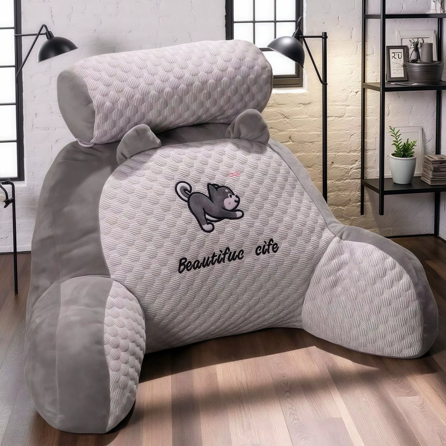 1Pc Adjustable Reading Pillow - Ergonomic Back Support Cushion for Bed/Sofa/Floor, Gray Quilted Breathable Design