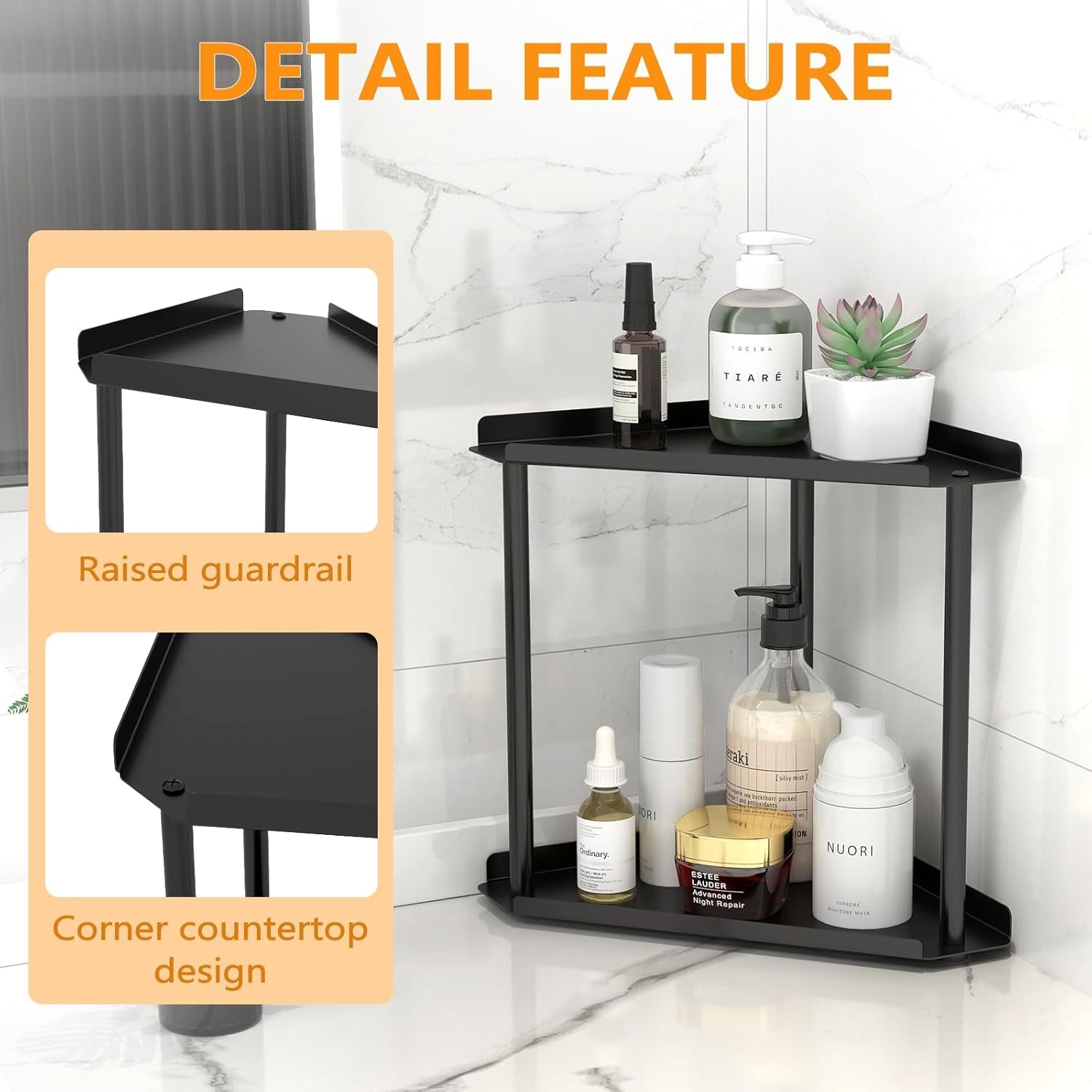 2 Tier Bathroom Counter Organizer, Vanity Organizer Corner Shelf, Skincare, Makeup Countertop Organizers, Kitchen, Bathroom Counter Storage, Black