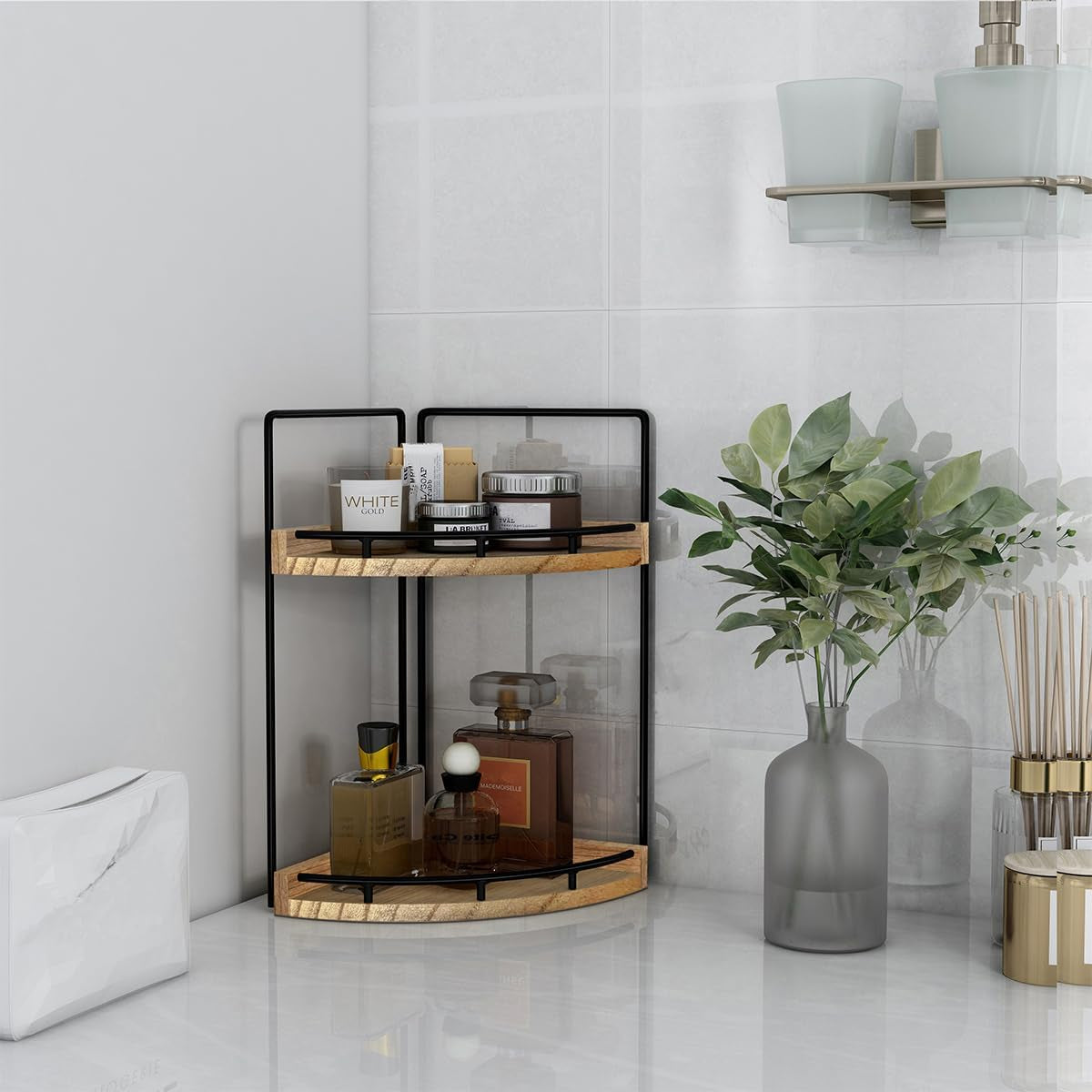 Elevate Your Space with Our Stylish 2-Tier Wood Bathroom Counter Organizer - Perfect for Skincare and More!