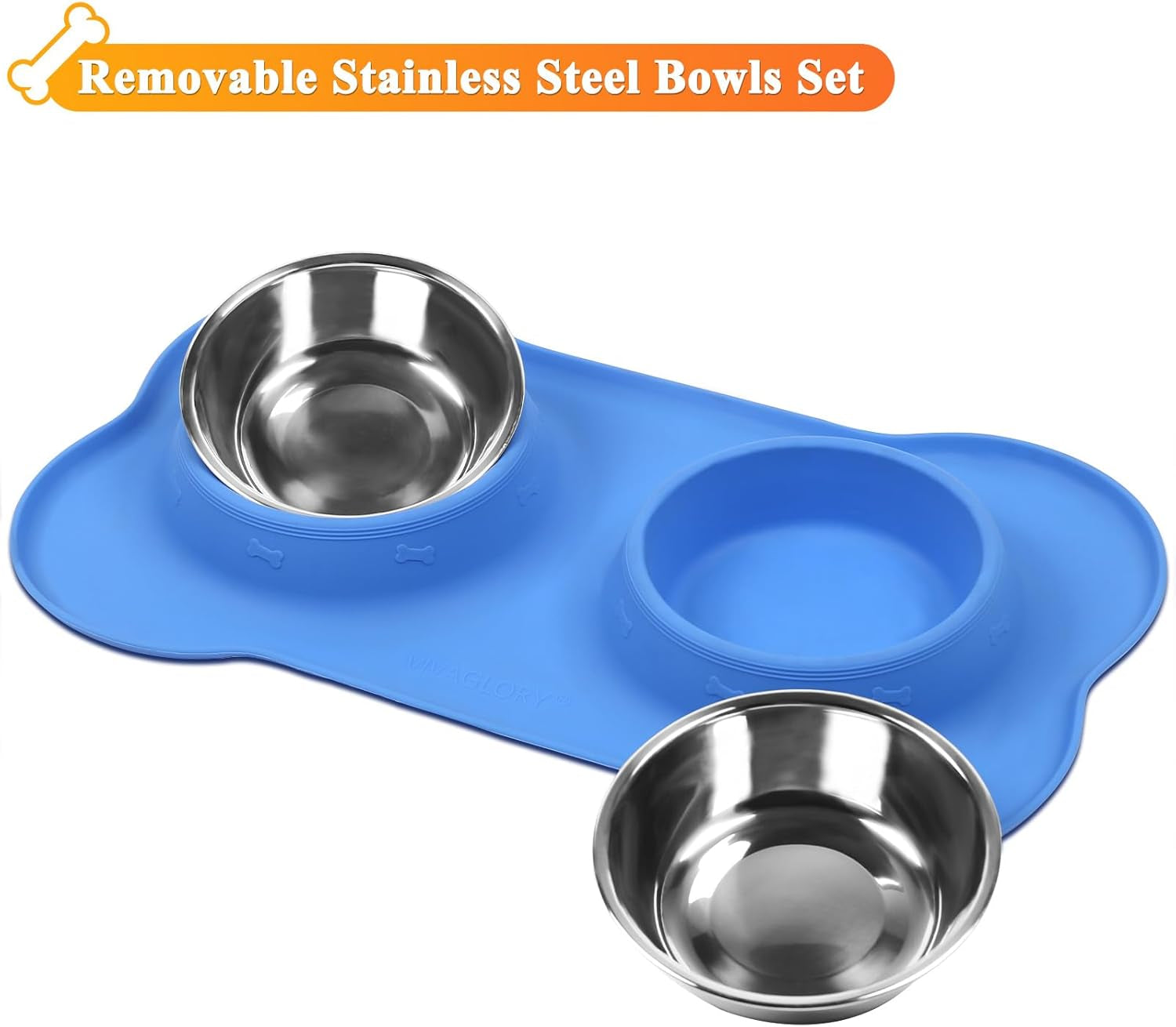 Dog Bowls, Dog Food Bowls, Stainless Steel Cat Puppy Water Bowls with Non Spill Skid Resistant Silicone Mat, Large, Blue