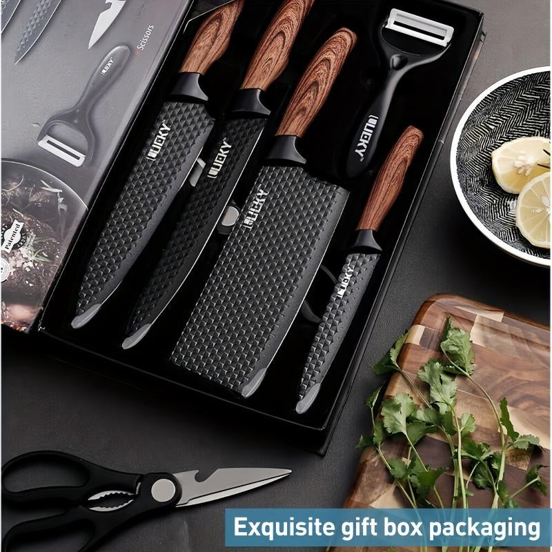 6 Piece Kitchen Knife Set -Chef Knife Set with Non.Stickstainless Steel and Ergonomic Wood Handlekitchen Knivesblock Knife Block Wooden Utensils Kitchenware