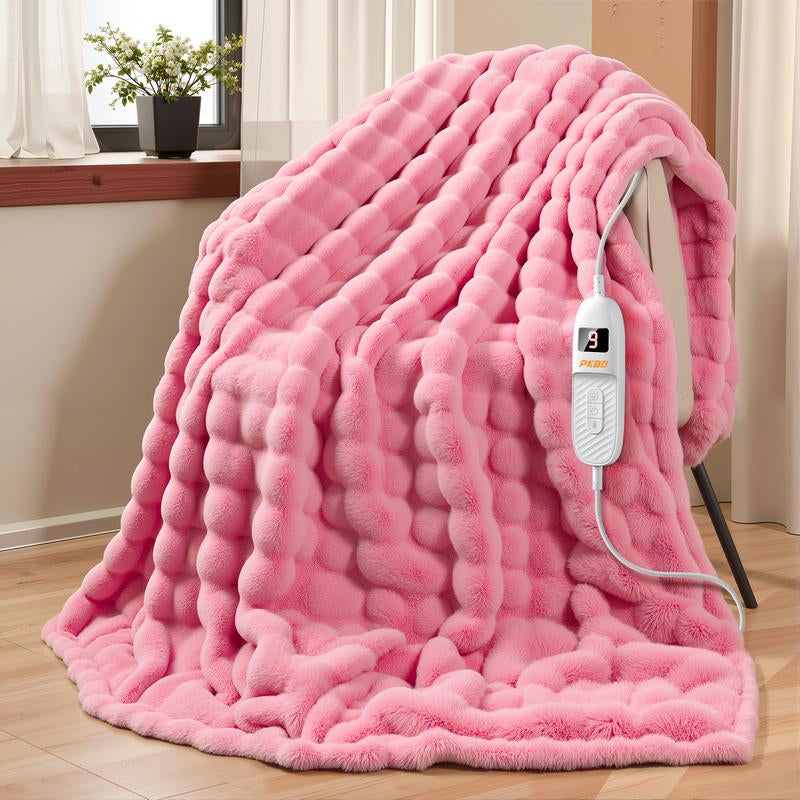 PKBD Heated Blanket, Faux Rabbit Fur Electric Throw with 9 Heat Levels & Auto-Off, Full Body Warming, Machine Washable Winter Gift