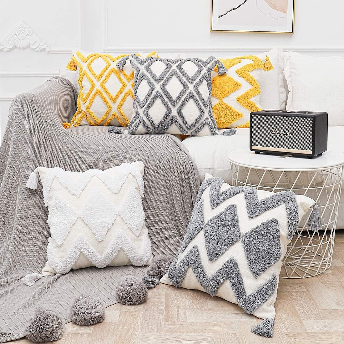 Boho White Throw Pillow Cover 20X20 Inch with Tassels, Moroccan Tufted Decorative Cream Chenille Fabric Accent Textured Cushion Case for Bed Couch, 1 PC Cover Only No Insert