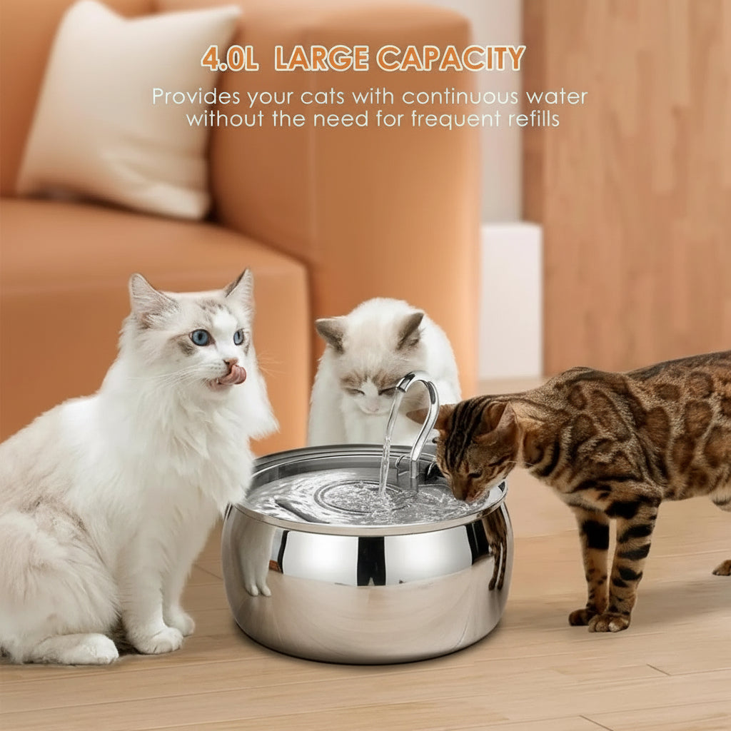 4L Ultra-Quiet Stainless Steel Cat Water Fountain Automatic Drink Filter Pet Drinking Dispenser Drinker for Cats Water Filter
