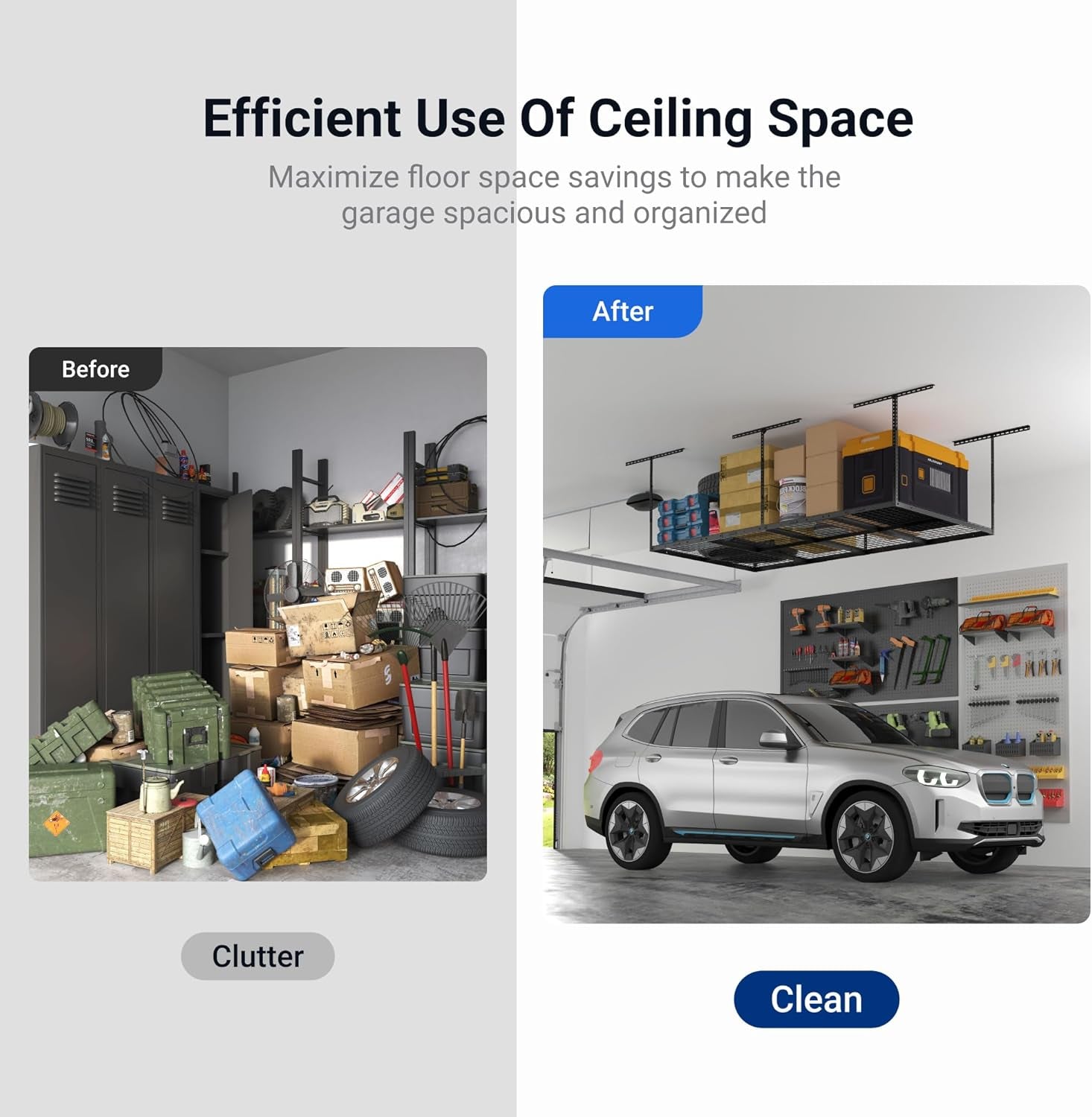 4X8 Overhead Garage Storage Rack, Adjustable Garage Storage Organization Systerm, Heavy Duty Metal Garage Ceiling Storage Racks, 600Lbs Weight Capacity, Black