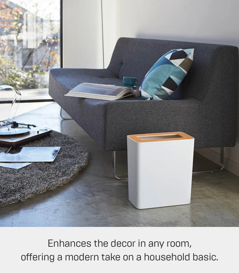 Rin  Slim Rectangular Trash Can for Kitchen Bathroom Bedroom, Steel + Wood, 2.5 Gallons