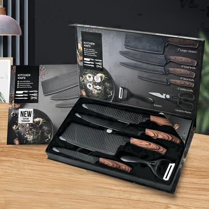 6 Piece Kitchen Knife Set -Chef Knife Set with Non.Stickstainless Steel and Ergonomic Wood Handlekitchen Knivesblock Knife Block Wooden Utensils Kitchenware