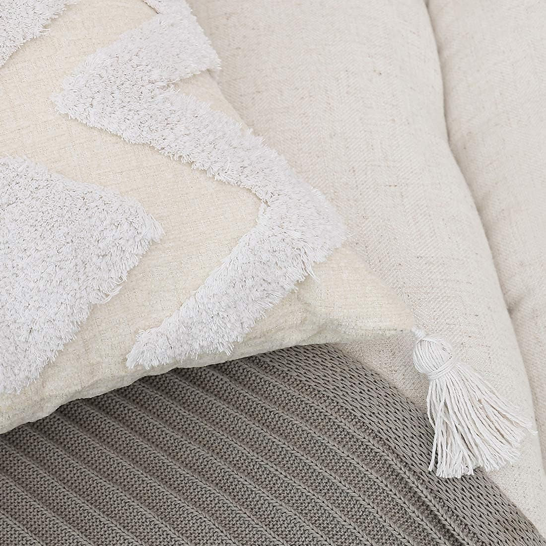 Boho White Throw Pillow Cover 20X20 Inch with Tassels, Moroccan Tufted Decorative Cream Chenille Fabric Accent Textured Cushion Case for Bed Couch, 1 PC Cover Only No Insert