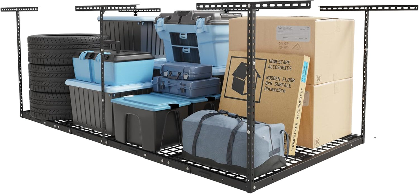 4X8 Overhead Garage Storage Rack, Adjustable Garage Storage Organization Systerm, Heavy Duty Metal Garage Ceiling Storage Racks, 600Lbs Weight Capacity, Black