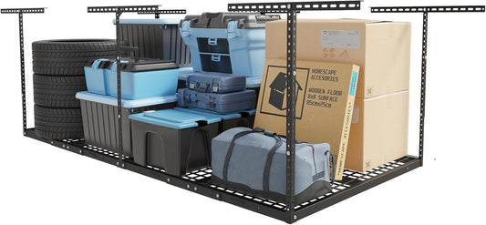 4X8 Overhead Garage Storage Rack, Adjustable Garage Storage Organization Systerm, Heavy Duty Metal Garage Ceiling Storage Racks, 600Lbs Weight Capacity, Black