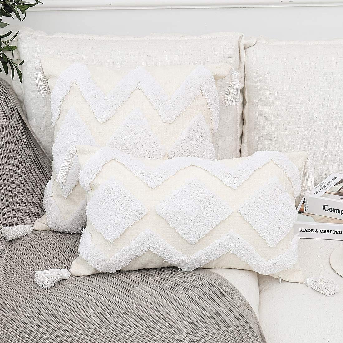 Boho White Throw Pillow Cover 20X20 Inch with Tassels, Moroccan Tufted Decorative Cream Chenille Fabric Accent Textured Cushion Case for Bed Couch, 1 PC Cover Only No Insert