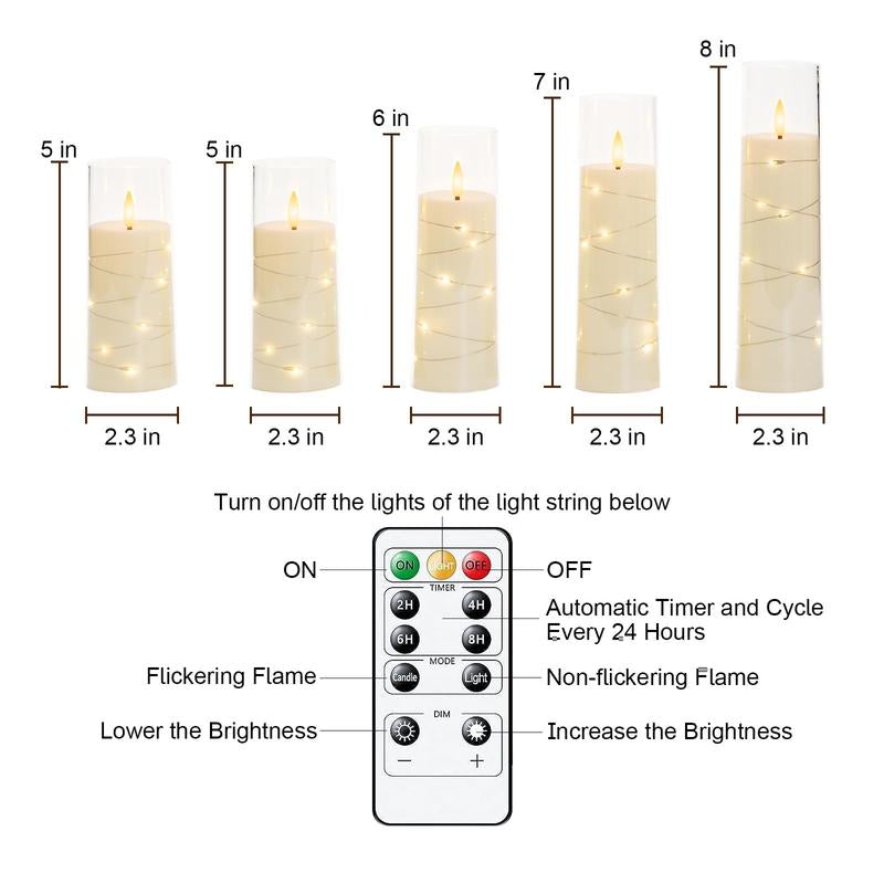Raycare Flameless LED Candles with Embedded Star String, 5 Pcs Battery Operated Acrylic Pillar Candles with Timer and Remote, Flickering Candles for Romantic Ambiance and Home Decoration Mood Decorative