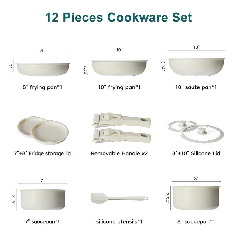 12 Pcs Pots and Pans Set Nonstick - Kitchen Cookware Set with Detachable Handle, Induction Cookware, Dishwasher Oven Safe