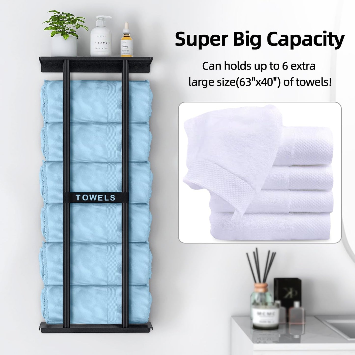 Bathroom Towel Storage Rack, Towel Racks for Bathroom Wall Mounted 30 Inch with Shelf Can Holds 6 Large Towels, Wall Towel Rack for Rolled Towels, Black