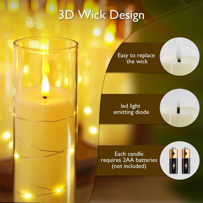 Raycare Flameless LED Candles with Embedded Star String, 5 Pcs Battery Operated Acrylic Pillar Candles with Timer and Remote, Flickering Candles for Romantic Ambiance and Home Decoration Mood Decorative