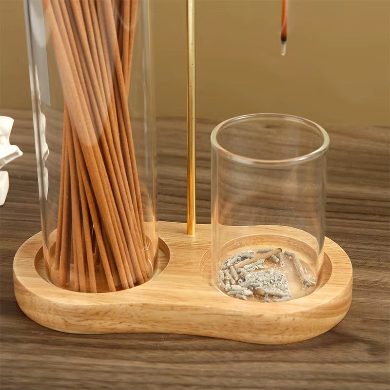 Easy Installed Soild Wood Incense Holder for Joss Sticks Burning Ash with Removable Glass Ash Catcher for Meditation Yoga