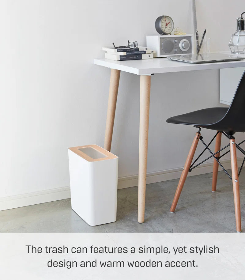 Rin  Slim Rectangular Trash Can for Kitchen Bathroom Bedroom, Steel + Wood, 2.5 Gallons