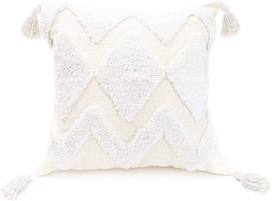 Boho White Throw Pillow Cover 20X20 Inch with Tassels, Moroccan Tufted Decorative Cream Chenille Fabric Accent Textured Cushion Case for Bed Couch, 1 PC Cover Only No Insert