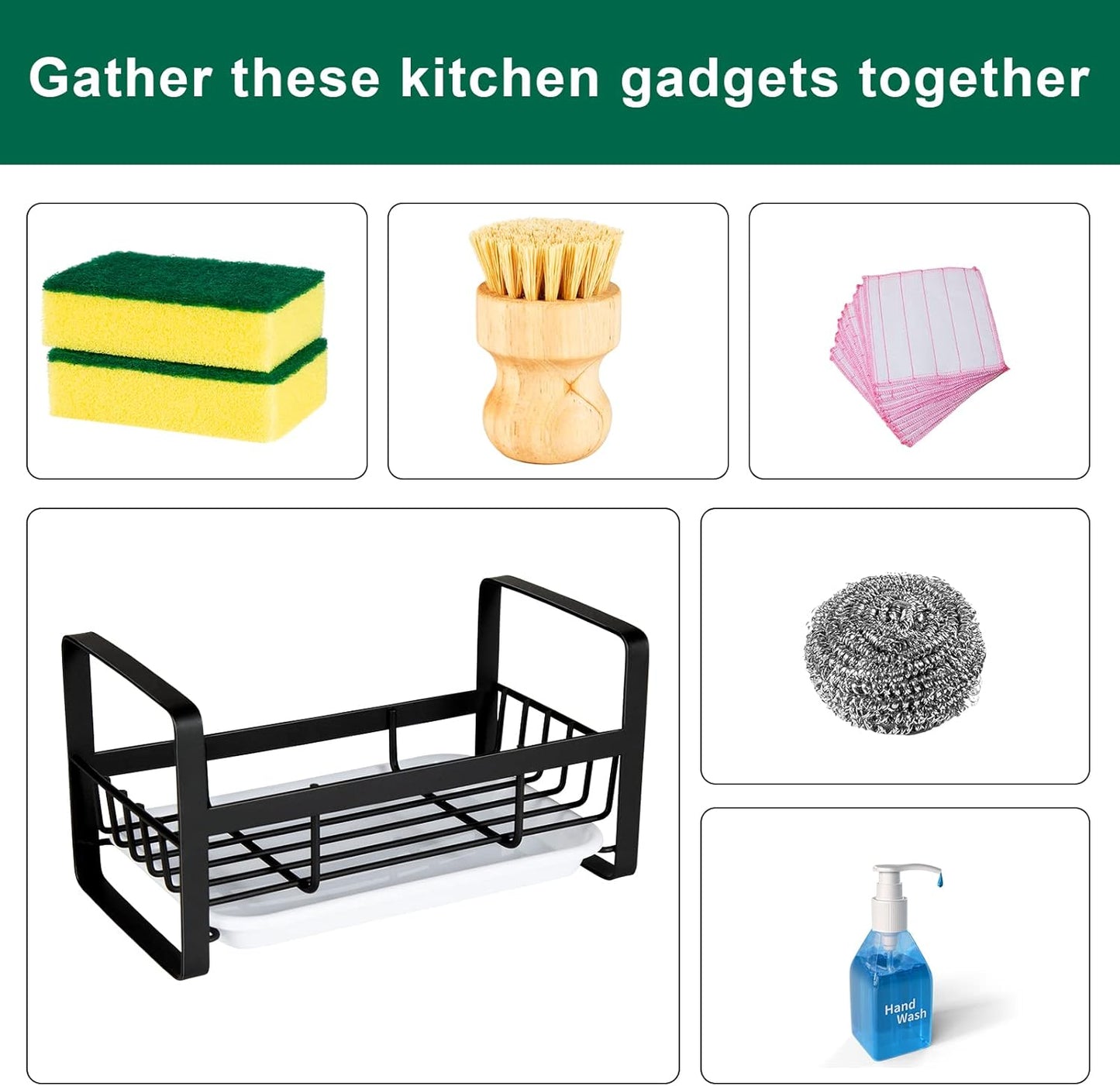 Sponge Holder for Kitchen Sink- Stainless Steel Kitchen Sink Caddy for Organizing Sponge, Brush & Soap Dish Dispenser, Coutertop Organizer Rack with Adhesive or Counter Top, Black