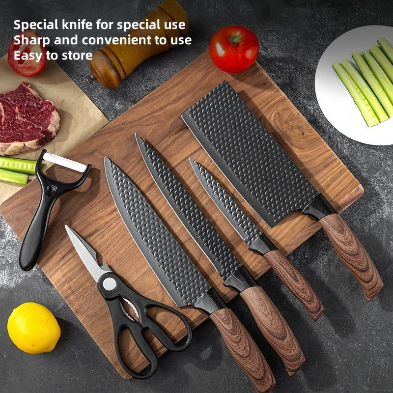 6 Piece Kitchen Knife Set -Chef Knife Set with Non.Stickstainless Steel and Ergonomic Wood Handlekitchen Knivesblock Knife Block Wooden Utensils Kitchenware