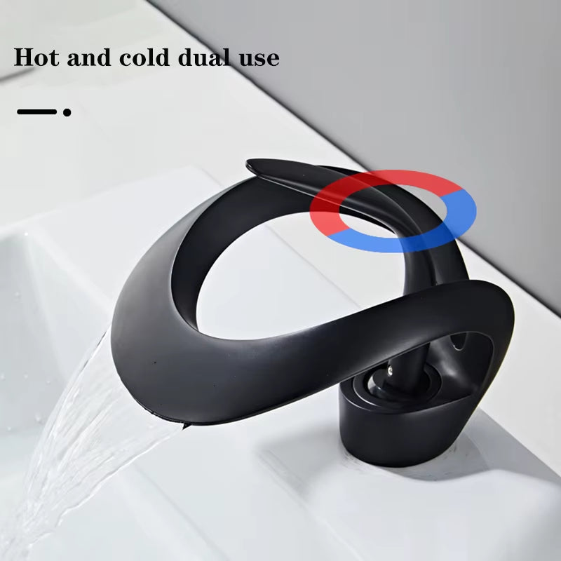 Black Bathroom Basin Taps Single Handle Waterfall Faucet Solid Brass Basin Mixer Taps Creative Hollowed Out Design Water Tap