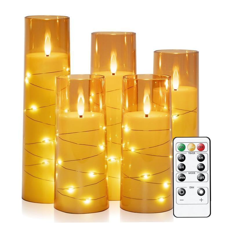 Raycare Flameless LED Candles with Embedded Star String, 5 Pcs Battery Operated Acrylic Pillar Candles with Timer and Remote, Flickering Candles for Romantic Ambiance and Home Decoration Mood Decorative