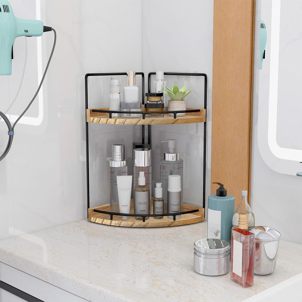 Elevate Your Space with Our Stylish 2-Tier Wood Bathroom Counter Organizer - Perfect for Skincare and More!