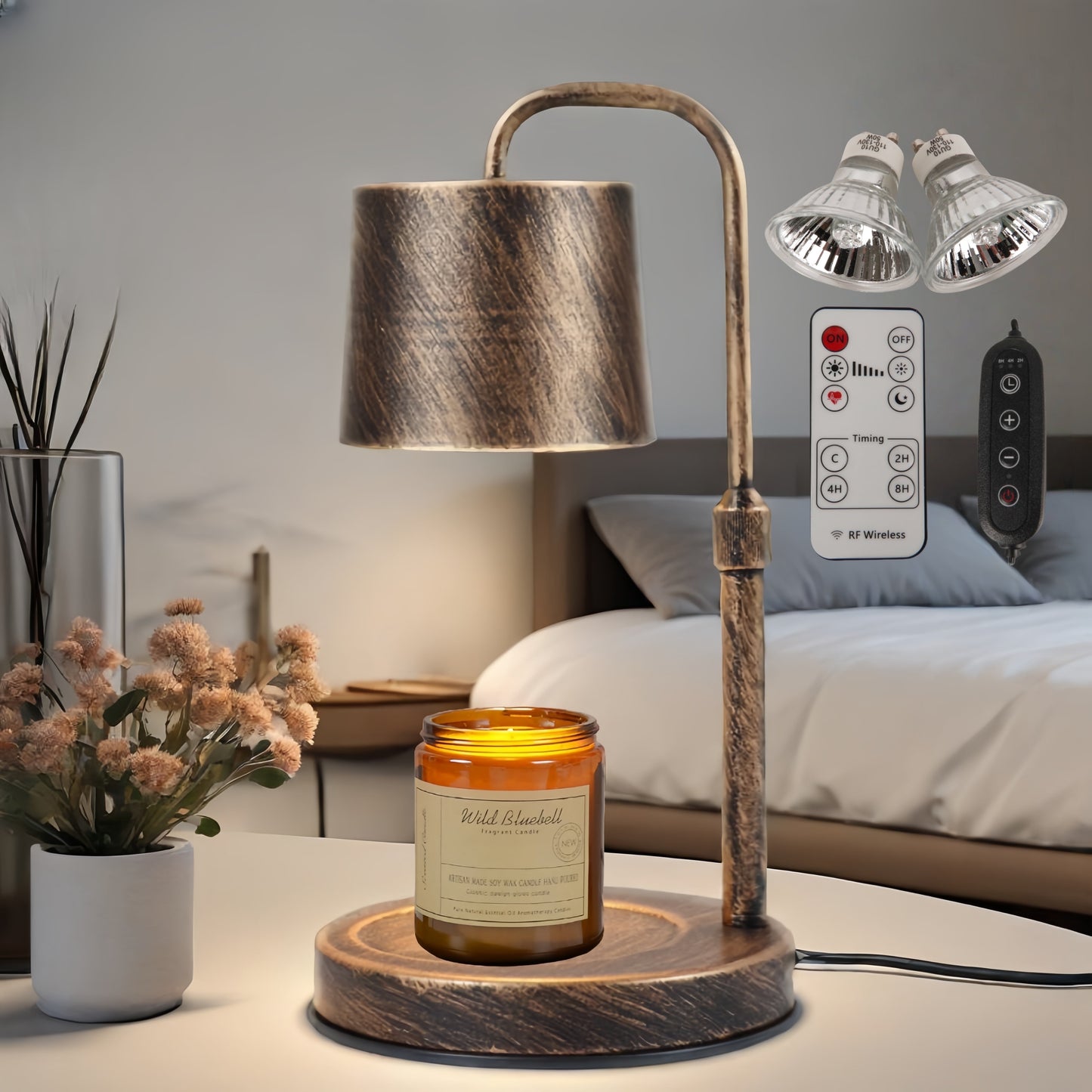 Vintage Metal Candle Warmer Lamp, with Dimmer and Timer & 2 Bulbs, Gifts for Bedroom Living Room