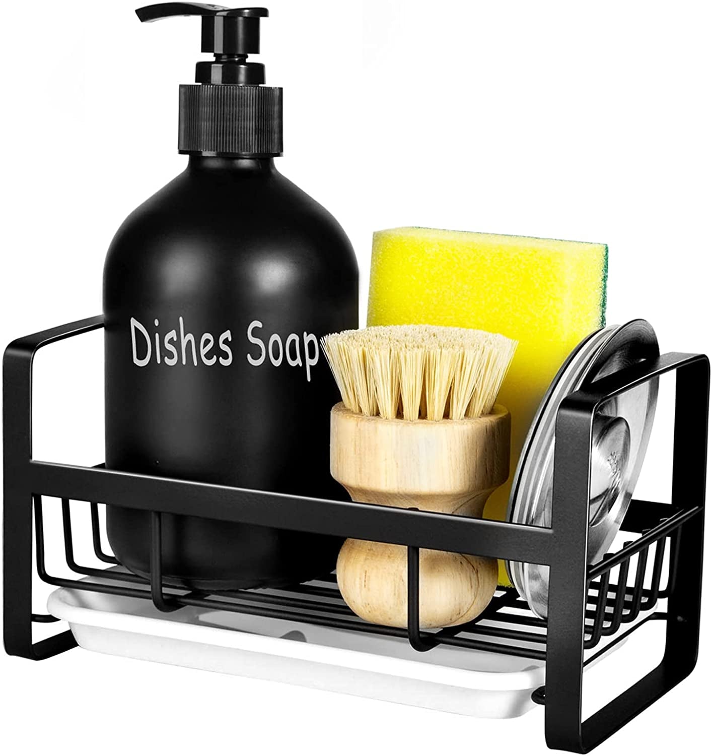 Sponge Holder for Kitchen Sink- Stainless Steel Kitchen Sink Caddy for Organizing Sponge, Brush & Soap Dish Dispenser, Coutertop Organizer Rack with Adhesive or Counter Top, Black