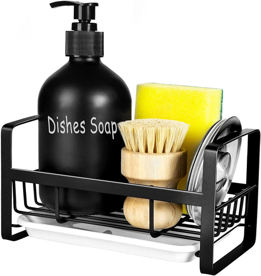 Sponge Holder for Kitchen Sink- Stainless Steel Kitchen Sink Caddy for Organizing Sponge, Brush & Soap Dish Dispenser, Coutertop Organizer Rack with Adhesive or Counter Top, Black