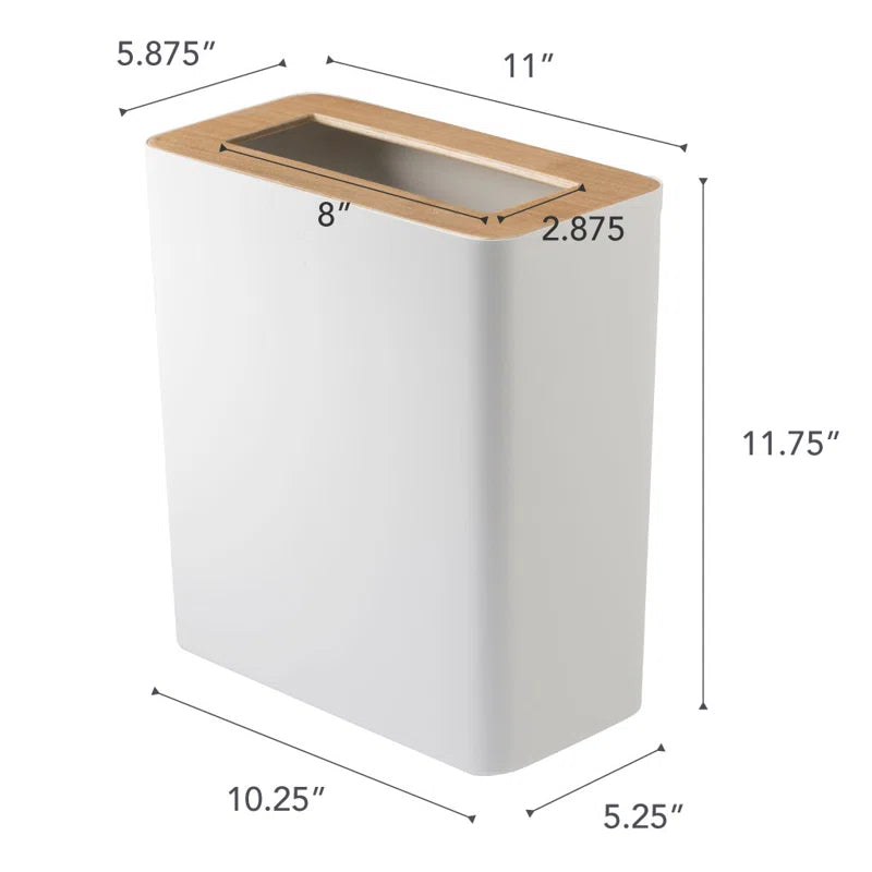Rin  Slim Rectangular Trash Can for Kitchen Bathroom Bedroom, Steel + Wood, 2.5 Gallons