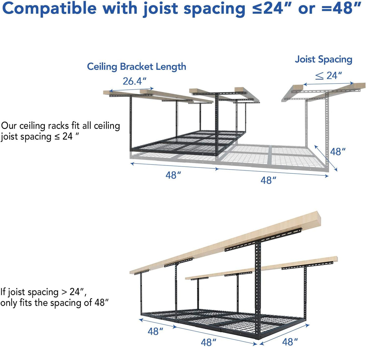 4X8 Overhead Garage Storage Rack, Adjustable Garage Storage Organization Systerm, Heavy Duty Metal Garage Ceiling Storage Racks, 600Lbs Weight Capacity, Black