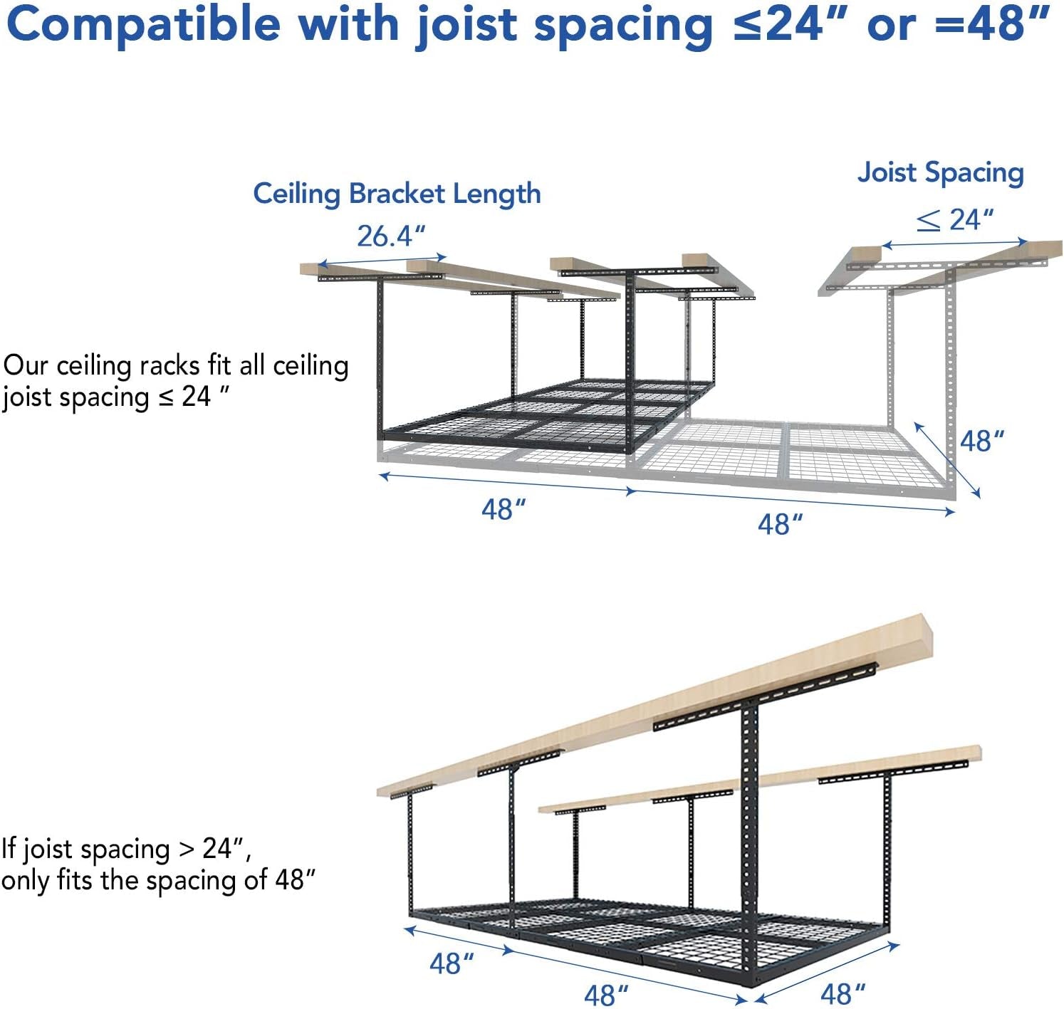 4X8 Overhead Garage Storage Rack, Adjustable Garage Storage Organization Systerm, Heavy Duty Metal Garage Ceiling Storage Racks, 600Lbs Weight Capacity, Black
