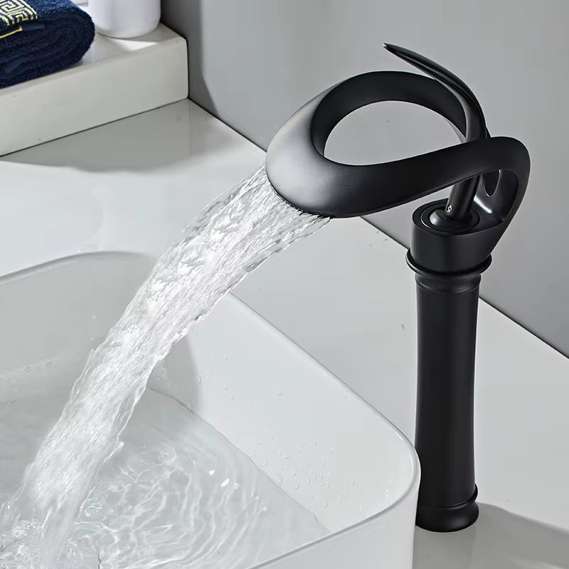Black Bathroom Basin Taps Single Handle Waterfall Faucet Solid Brass Basin Mixer Taps Creative Hollowed Out Design Water Tap