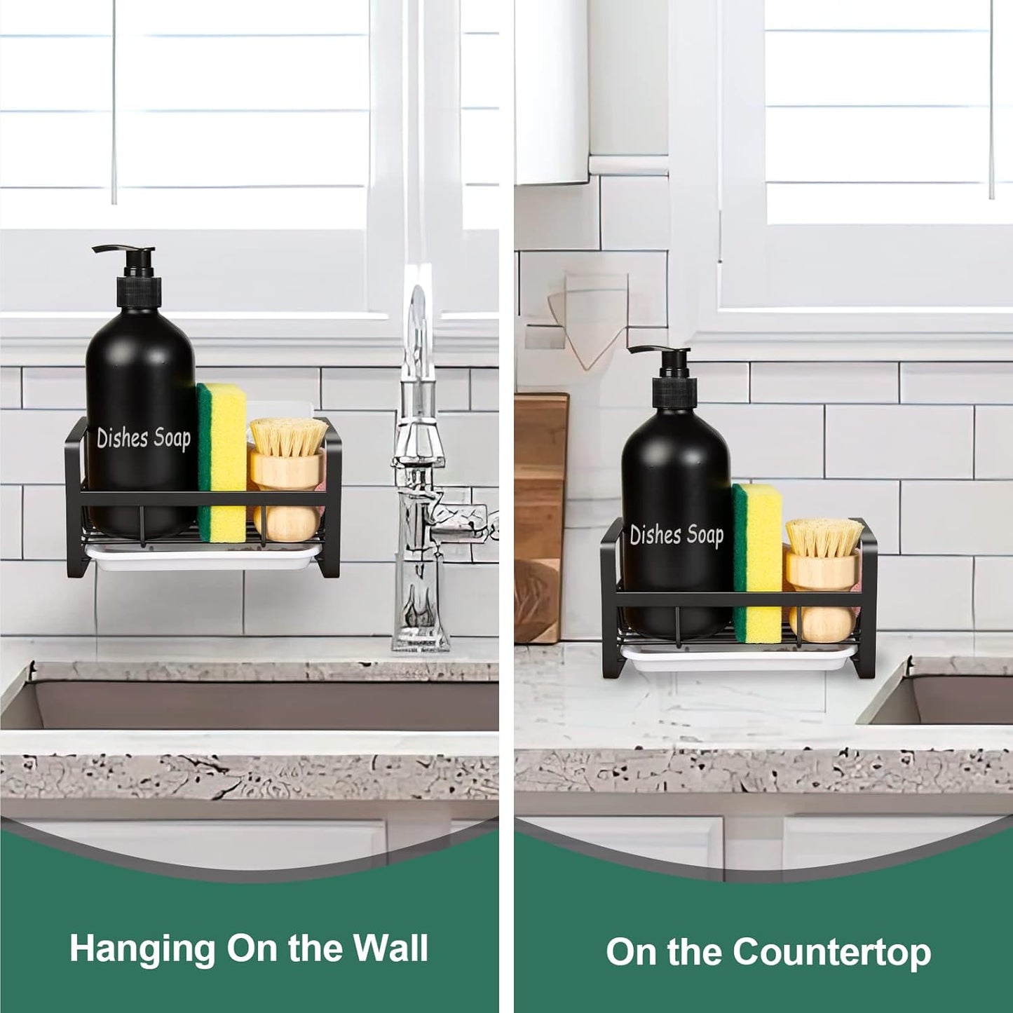 Sponge Holder for Kitchen Sink- Stainless Steel Kitchen Sink Caddy for Organizing Sponge, Brush & Soap Dish Dispenser, Coutertop Organizer Rack with Adhesive or Counter Top, Black