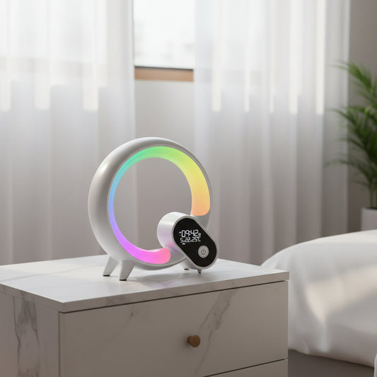 Sunrise alarm clock with colorful LED light display on bedside table