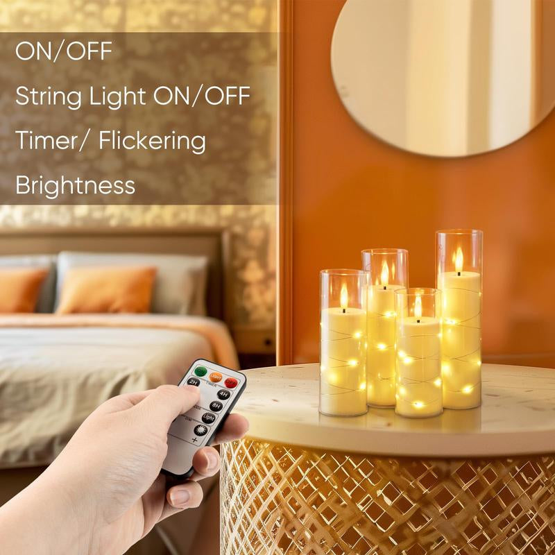 Raycare Flameless LED Candles with Embedded Star String, 5 Pcs Battery Operated Acrylic Pillar Candles with Timer and Remote, Flickering Candles for Romantic Ambiance and Home Decoration Mood Decorative