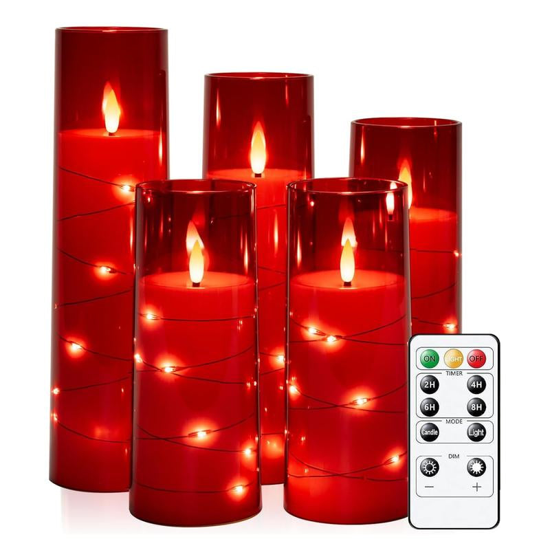 Raycare Flameless LED Candles with Embedded Star String, 5 Pcs Battery Operated Acrylic Pillar Candles with Timer and Remote, Flickering Candles for Romantic Ambiance and Home Decoration Mood Decorative