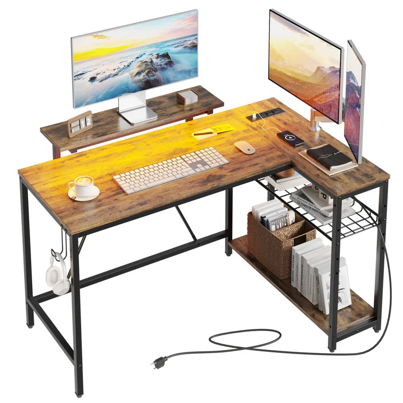 Nedyo 48" L-Shaped Computer Desk with Power Outlet, LED Gaming Work Desk with Monitor Stand