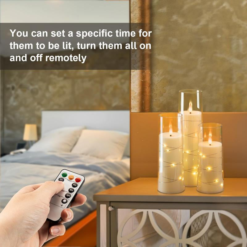 Raycare Flameless LED Candles with Embedded Star String, 5 Pcs Battery Operated Acrylic Pillar Candles with Timer and Remote, Flickering Candles for Romantic Ambiance and Home Decoration Mood Decorative