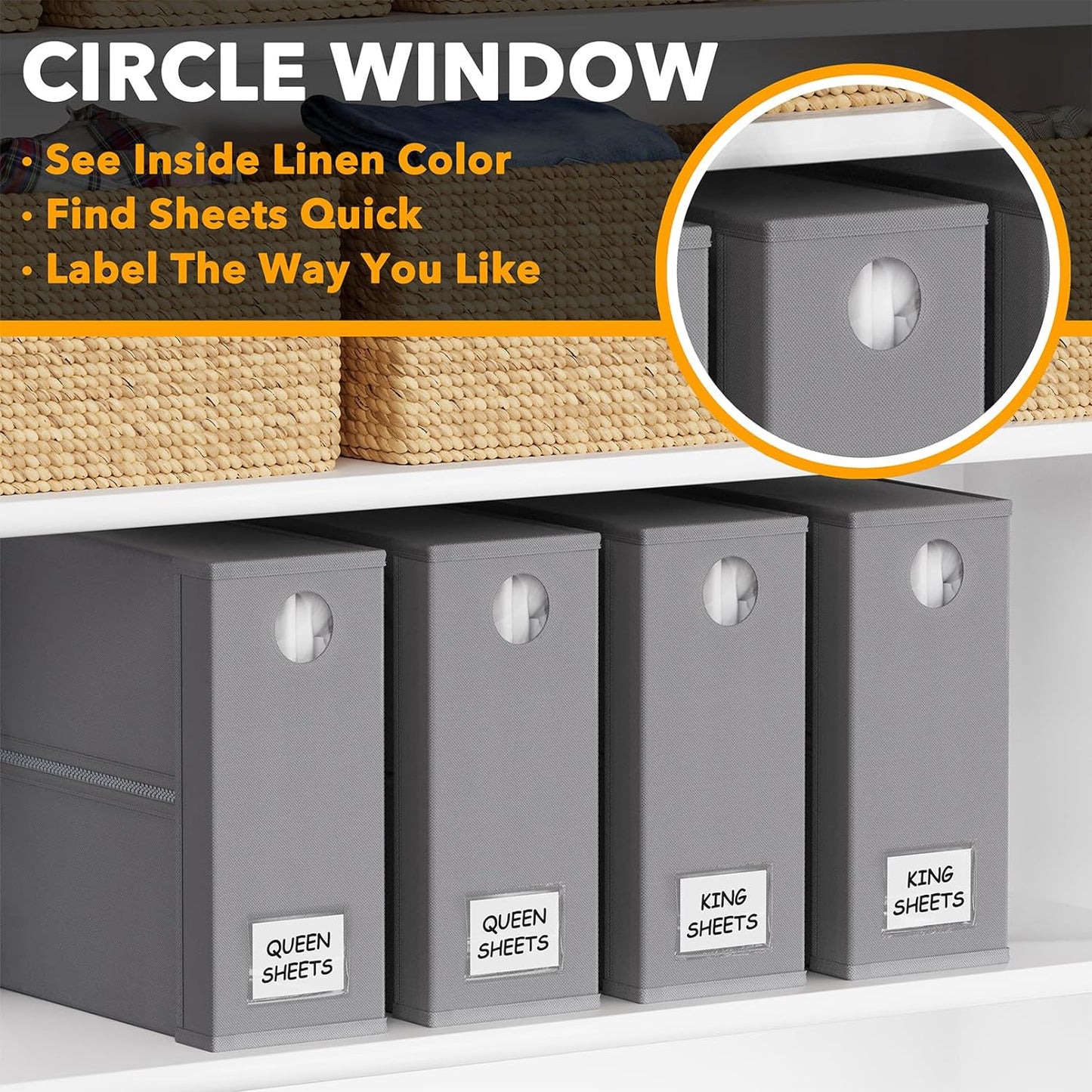 4 Pack Bed Sheet Organizers and Storage, Foldable Organizer for Linen Closet, Sheets Set Folder Keeper with Window XL (Queen & King Size) Organizing Bedding Container, Gray (91ZDSN-SL01-G4)